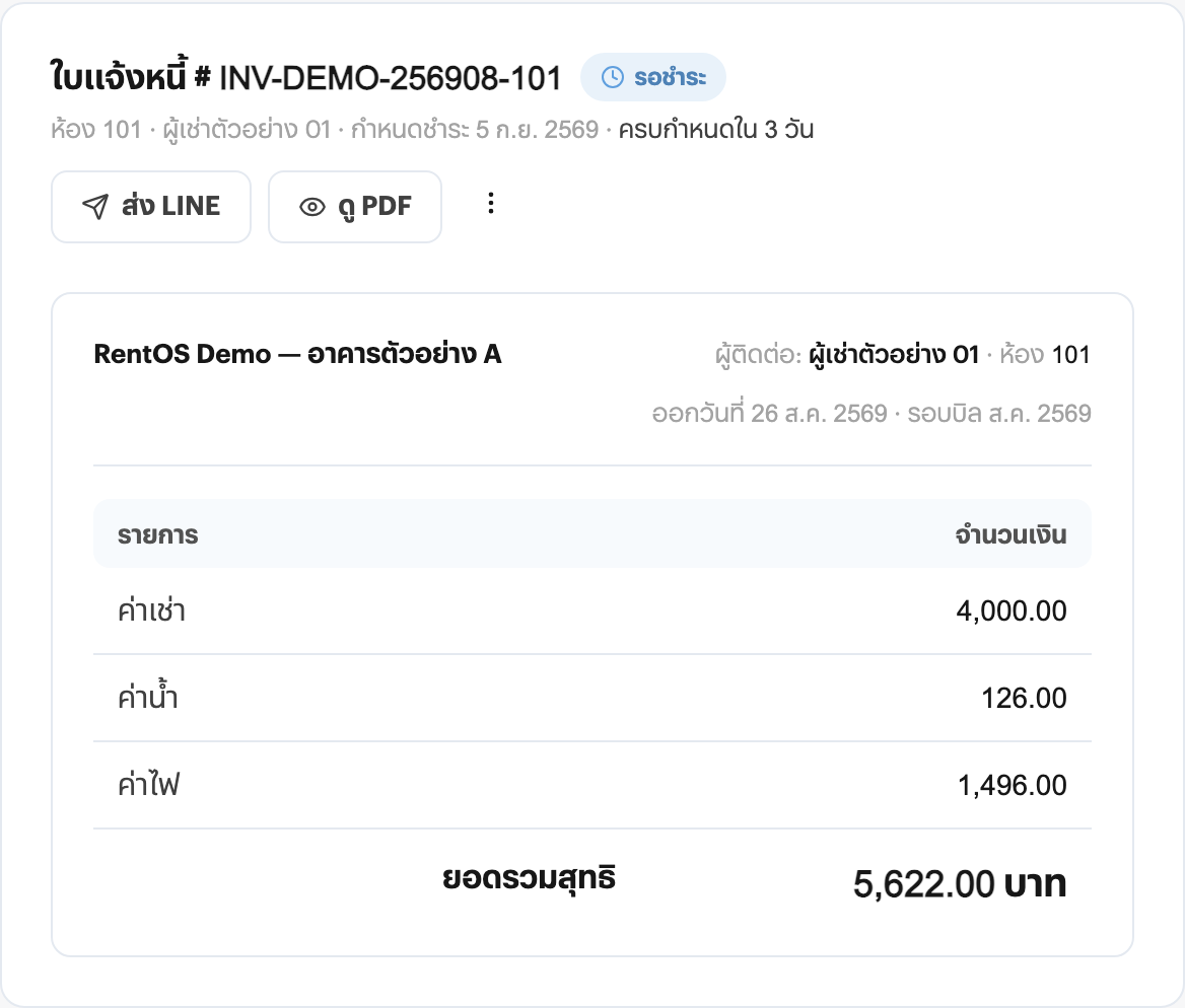 ใบแจ้งหนี้ใน RentOS แสดงค่าเช่า ค่าน้ำ ค่าไฟ และปุ่มส่ง LINE จากอาคารตัวอย่าง